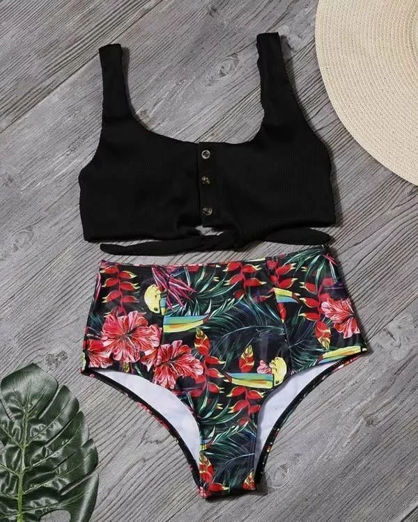 MySwimsuit Tie Front Leaf Print High Waist Bikini Set - Image 6