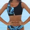 MySwimsuit Leaf Printed Patchwork Buckle Front Bikini Set