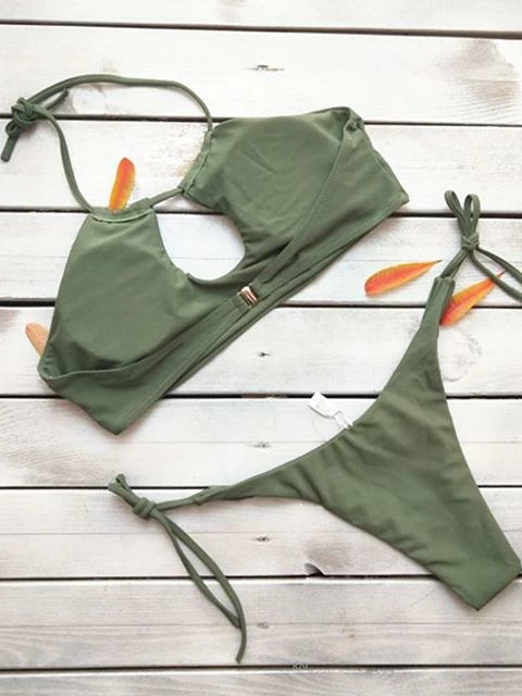 MySwimsuit Solid Color Knotted Halter Bikini Set - Image 3