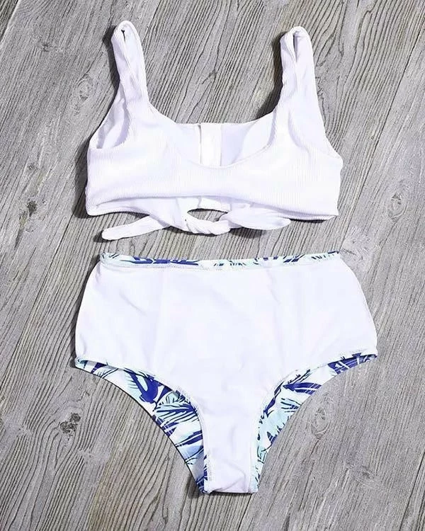 MySwimsuit Tie Front Leaf Print High Waist Bikini Set - Image 4