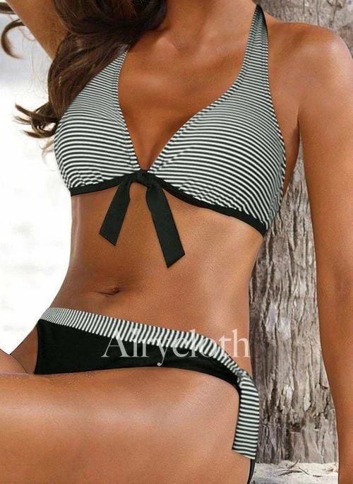 MySwimsuit Polyester Halter Knotted Stripe Bikinis Set