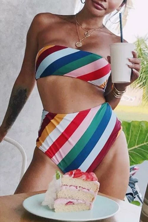 Miss Norst Rainbow Stripe Strapless High Waist Bikini - Image 4