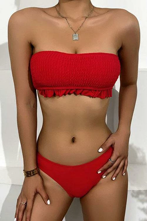 FloruitShow Solid Bandeau Ruffled Bikini Swimsuit - Image 5