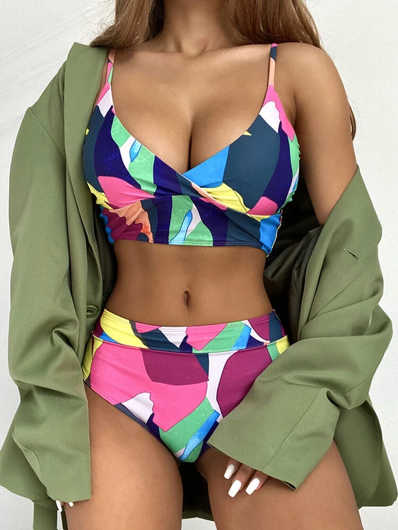 MySwimsuit Geometry Print Spaghetti Straps High Waist Bikini Set - Image 5