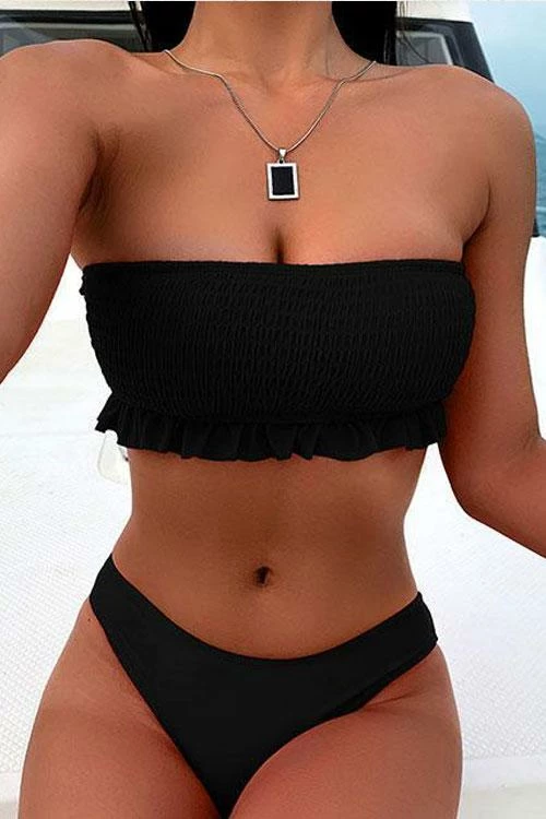 FloruitShow Solid Bandeau Ruffled Bikini Swimsuit - Image 10