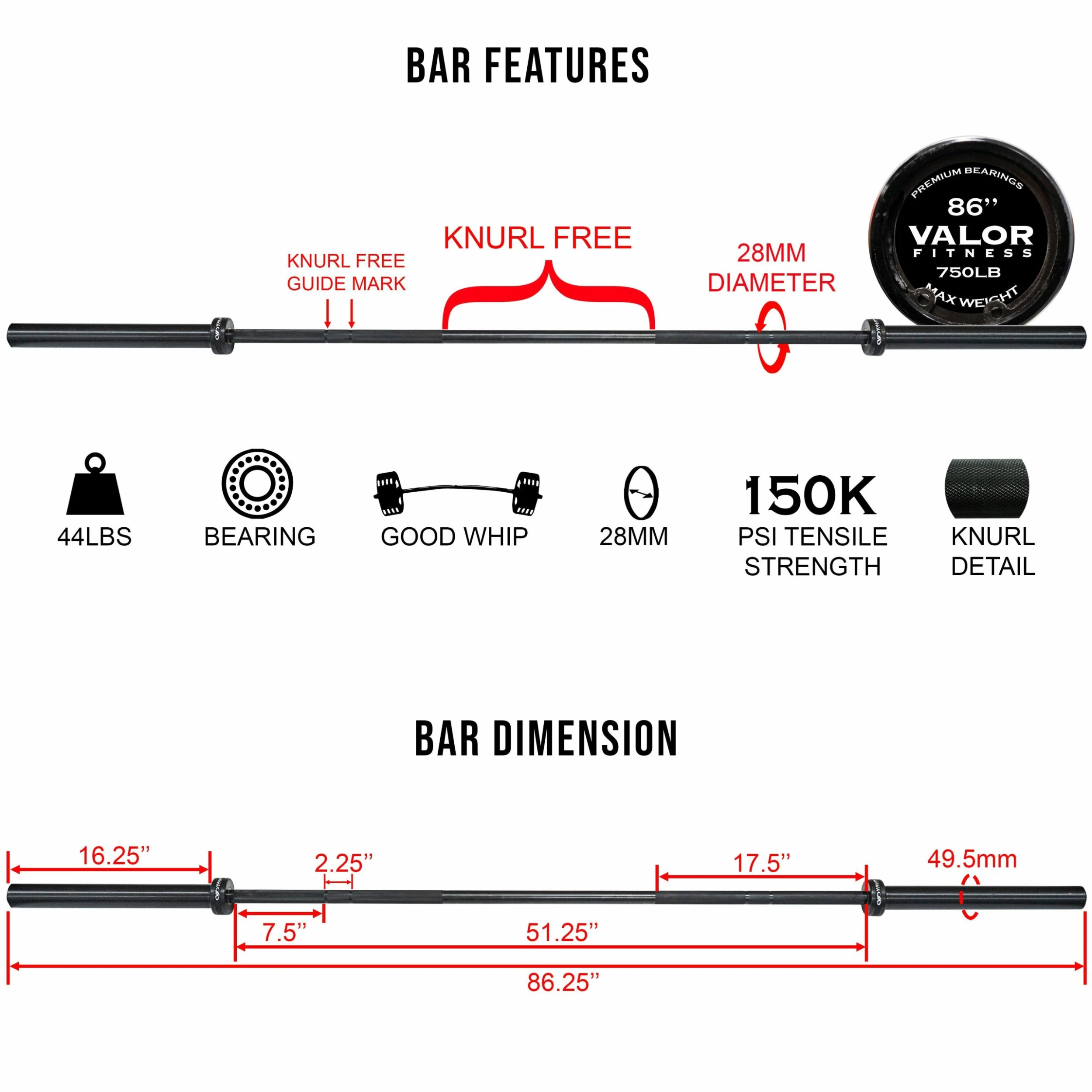 Valor Fitness OB-86-750B, Men's Olympic Bar - Image 7